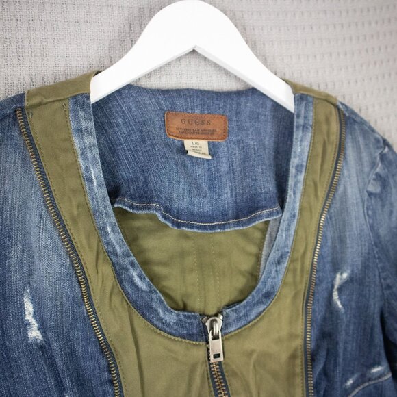Guess Cropped Distressed Denim combo Zipper Jacket Y2K 2000s - Picture 4 of 8
